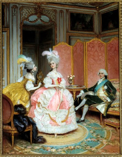 Prostituição: "A bela cortesã" Uma jovem mulher apresentada a um cavalheiro num salão privado no século XVIII através de uma casamenteira. Pintura de Lucius Rossi (1846-1913) de Lucius Rossi