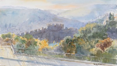 Hills Beyond the City, Sunrise, Jerusalém, 2019 (w - c no papel) de Lucy Willis