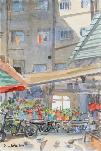 Secagem de espanadores de laranja, Mahane Yehuda, Jerusalém, 2019 (w - c no papel) de Lucy Willis