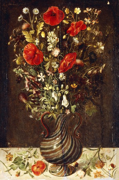Papoilas, botões de ouro, margaridas, flores, cardos e outras flores silvestres em um vaso de vidro facon de Venise filigrana, com amores-perfeitos, uma papoula e uma urtiga morta em uma borda de pedra, de Ludger Tom the Younger Ring