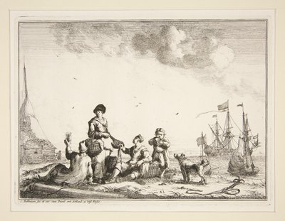 Porto com marinheiros e um piscicultor de Ludolf Backhuysen
