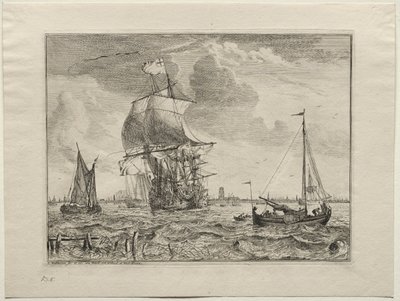 Cena marinha com Amsterdã à distância de Ludolf Backhuysen