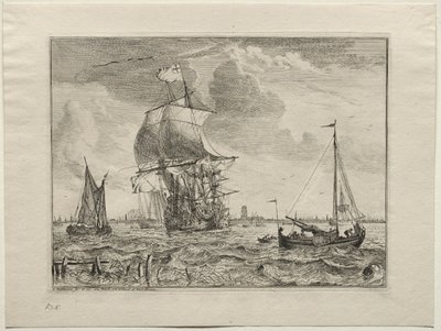 Cena marinha com Amsterdã à distância, 1701. de Ludolf Backhuysen