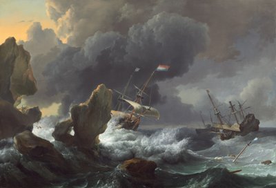 Navios em perigo fora de uma costa rochosa de Ludolf Backhuysen