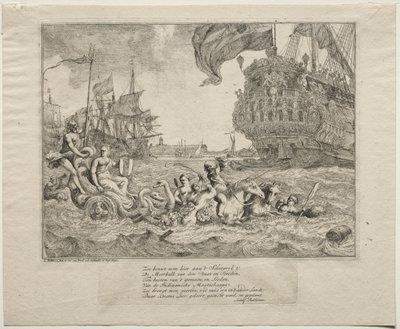A personificação de Amsterdã andando na carruagem de Netuno de Ludolf Backhuysen