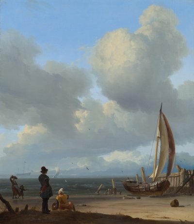 Neerlandês: Zeegezicht met figuren bij een vissersboot op het strand Uma extensa paisagem marítima com figuras junto a um barco numa costa perto de Huisduinen de Ludolf Bakhuizen