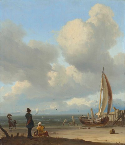 Neerlandês: Zeegezicht met figuren bij een vissersboot op het strand Uma extensa paisagem marítima com figuras junto a um barco numa costa perto de Huisduinen de Ludolf Bakhuizen