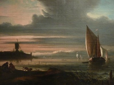Alemão: Costa marítima com barcos à vela e moinho de vento O baluarte "Het Blauwhoofd" em Amesterdão
 pormenor de Ludolf Bakhuizen