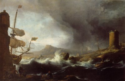 Alemão: Stürmische See an bergiger Küste Mares tempestuosos numa costa montanhosa de Ludolf Bakhuizen