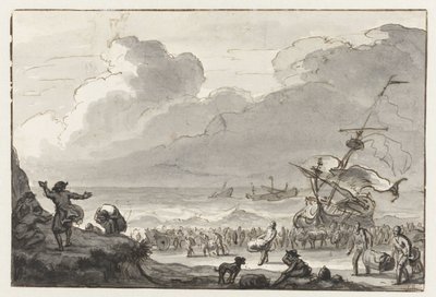 A carga de um navio é trazida para terra de Ludolf Bakhuysen