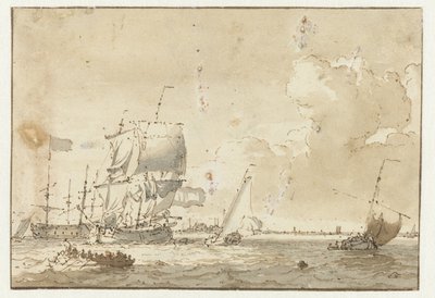 Navios na água para uma cidade de Ludolf Bakhuysen