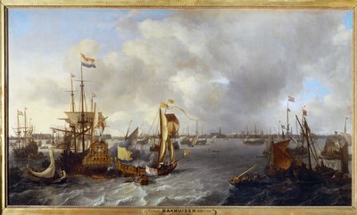 O porto de Amesterdão visto do rio Ijssel ... de Ludolf I Backhuyzen