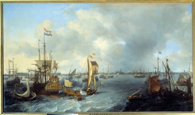 Vista do Porto de Amesterdão a partir da Ij Pintura de Ludolf Backhuyzen (1631-1708) 1666 Sol. 1,28x2,21 m de Ludolf I Backhuyzen