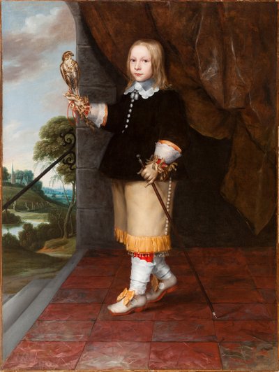 Retrato de um menino segurando um Kestrel de Ludolf de Jongh