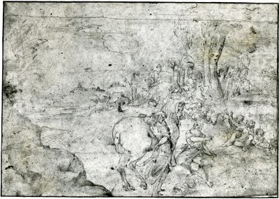 Ermínia e os Pastores, c.1600 (pena e tinta sobre papel) de Ludovico Carracci
