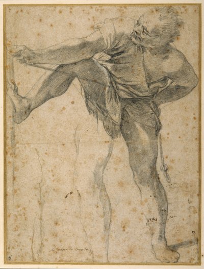 Homem puxando uma corda, sua perna esquerda ensaiou uma segunda vez (giz preto sobre papel) de Ludovico Carracci