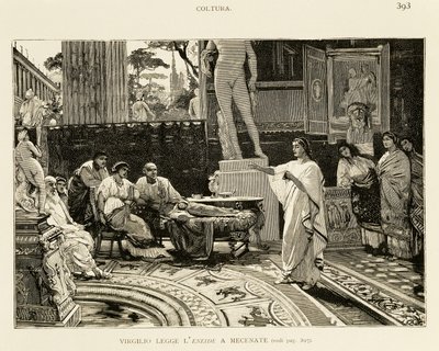 Mecenas ouvindo Virgílio lendo Eneida, ilustração de Lodovico Pogliaghi (1857-1950) para História inicial de Roma, de Francesco Bertolini (1836-1909), edição Fratelli Treves, Milão de Ludovico Pogliaghi