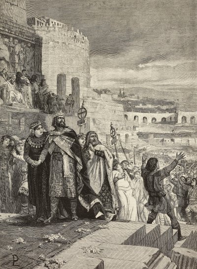 Casamento de Ugo e Marozia, procissão de casamento na presença do Papa, gravura de E Mancastroppa de pintura de Lodovico Pogliaghi (1857-1950), de L