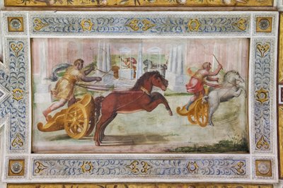 A corrida da quadriga, detalhe do teto do Salão de Jogos (fresco) de Ludovico Settevecchi