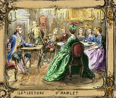 La palestra de Hamlet (Shakespeare) - Leitura de Hamlet - Johann Wolfgang von Goethe em Estrasburgo 1770 - gravura após Ludwig Pietsch (1824-1911) de Ludwig (after) Pietsch