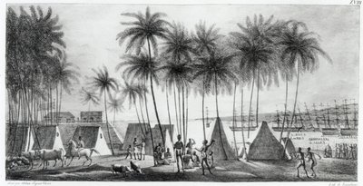Porto de Hanarourou nas Ilhas Sandwich, de "Viagem pitoresca ao redor do mundo", gravado por G. Langlume (fl.1822-40) 1822 de Ludwig Choris