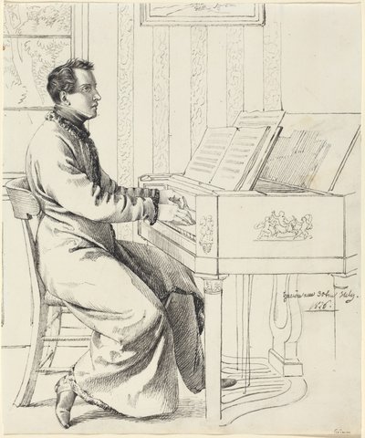 O cunhado do artista, Ludwig Hassenpflug, a preparar-se para tocar piano de Ludwig Emil Grimm