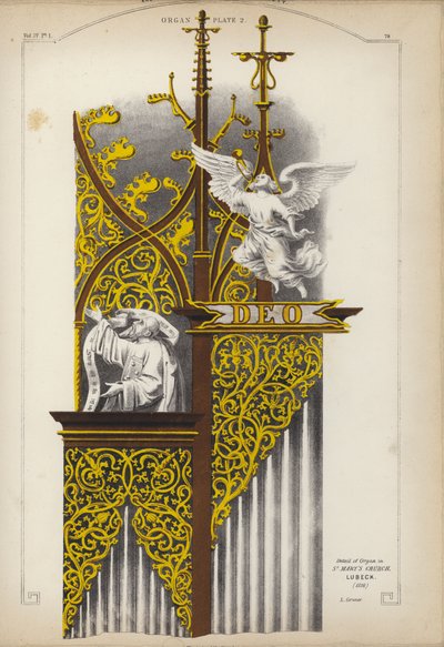 Detalhe do órgão na Igreja de Santa Maria, Lubeck, Alemanha (cor litho) de Ludwig Gruner