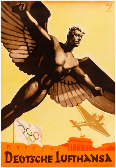 Deutsche Lufthansa, cartaz das companhias aéreas alemãs a promover os Jogos Olímpicos de 1936 na Alemanha nazi (cartaz) de Ludwig Hohlwein