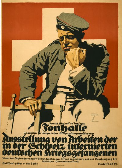 Tonhalle ... Exposição de obras de prisioneiros de guerra alemães internados na Suíça, pub. Em 1918 (cor litho) de Ludwig Hohlwein