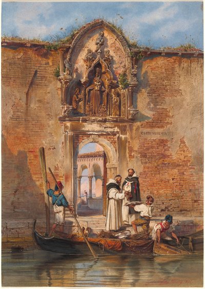 Monges comprando peixe diante do portal da Madonna della Misericordia de Ludwig Johann Passini