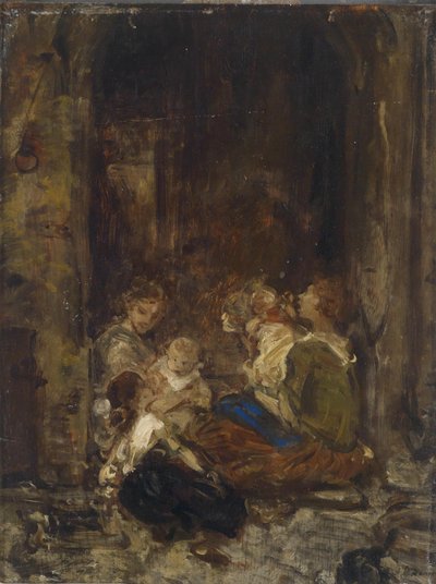 Mãe com filhos, estudo, assinatura ilegível, carimbo de propriedade no verso L. Knaus Nachlass de Ludwig Knaus