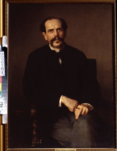 "Retrato de um homem" Ele está vestido com um fato preto, um anel de sinalização no dedo. Pintura de Ludwig Knaus (1829-1910) Ivan Kramskoy (ou Kramskoi) Museu de Belas Artes em Voronezh, Rússia. de Ludwig Knaus