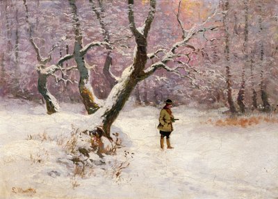 Paisagem de inverno com caçadores (óleo sobre tela) de Ludwig Munthe