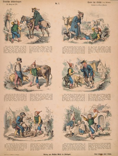 Hans in Luck (depois dos irmãos Grimm), no.213 de Muenchener Bilderbogen publicado por Braun & Schneider, Munique, 1880 de Ludwig Voltz