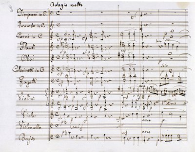 Página de música da Sinfonia nº 1 em Dó Maior do compositor alemão Ludwig van Beethoven (1770-1827) (1799-1800) Milan Biblioteca del Conservatorio de Ludwig van Beethoven