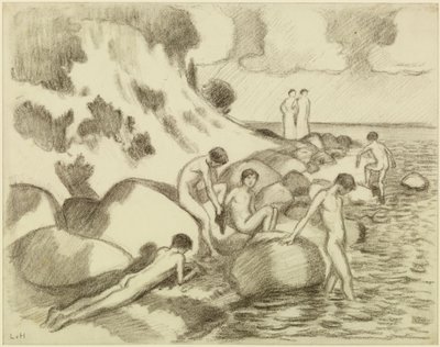 Rapazes a banhar-se na praia, duas mulheres ao fundo de Ludwig von Hofmann