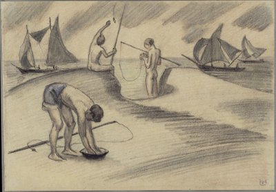 Três rapazes a pescar junto ao mar com veleiros de Ludwig von Hofmann