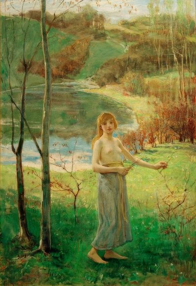Mulher jovem, colhendo flores de Ludwig von Hofmann