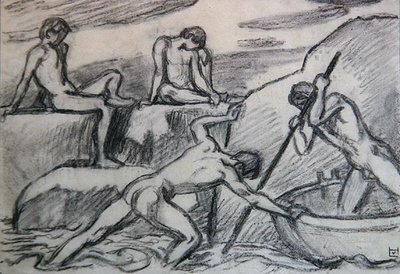 Barqueiro nu e jovens em uma costa verde (grafite sobre papel) de Ludwig von Hofmann