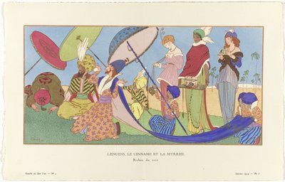 Gazette du Bon Ton, 1914 - No. 1, Pl. I: Incenso, Cinname e Mirra / Vestidos de noite. (título no objeto) de Ludwik Strimpl