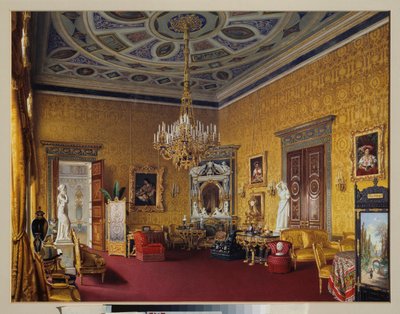 O Salão de Lyon (o Salão de Desenho Amarelo) do Grande Palácio de Tsarkoye Selo (Rússia). Obra de Luigi Premazzi (1814-1891), aquarela sobre papel de Luigi Premazzi