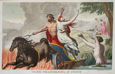 Cyane e o Rapto de Proserpina ou Ciane Transformata em Fonte, Livro V, ilustração de Metamorfoses de Ovídio, Florença, 1832 (gravura colorida à mão) de Luigi Ademollo