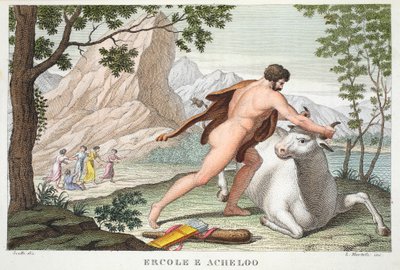 Hércules e Achelous ou Ercole e Acheloo, Livro IX, ilustração de Metamorfoses de Ovídio, Florença, 1832 (gravura colorida à mão) de Luigi Ademollo