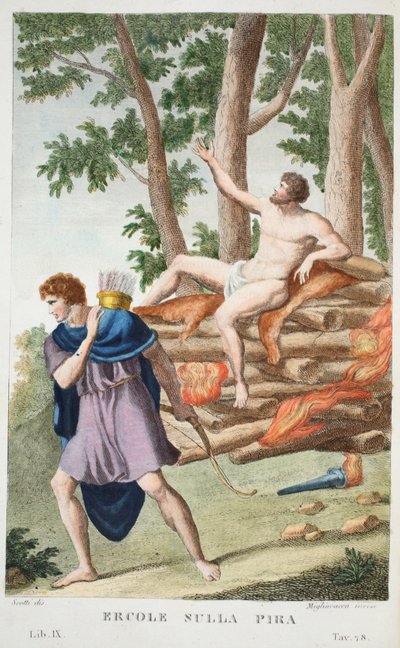 Hércules na pira ou Ercole sulla Pira, Livro IX, ilustração de Metamorfoses de Ovídio, Florença, 1832 (gravura colorida à mão) de Luigi Ademollo
