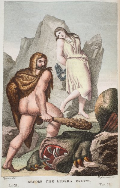 Hércules salva Hesione ou Ercole che Libera Enione, Livro XI, ilustração de Metamorfoses de Ovídio, Florença, 1832 (gravura colorida à mão) de Luigi Ademollo