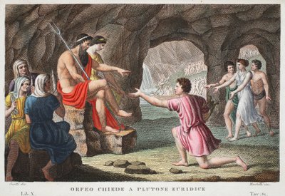 Orfeu no inferno ou Orfeo Chiede um Eurídice Plutone, Livro X, ilustração de Metamorfoses de Ovídio, Florença, 1832 (gravura colorida à mão) de Luigi Ademollo