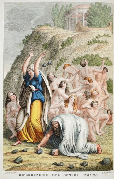Restauração da raça humana ou Riproduzione del Genere Umano, livro I, ilustração de Metamorfoses de Ovídio, Florença, 1832 (gravura colorida à mão) de Luigi Ademollo