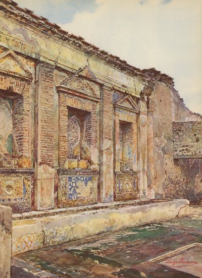 Pompeia: Casa del Torello, vista arquitetónica do Nymphaeum (litografia a cores) de Luigi Bazzani