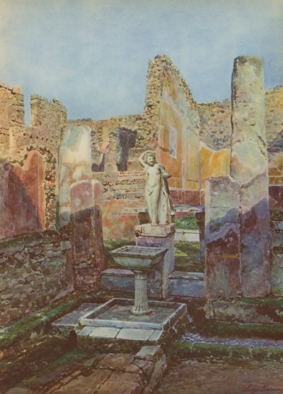 Pompeia: Casa da Varanda Suspensa, interior (litografia a cores) de Luigi Bazzani