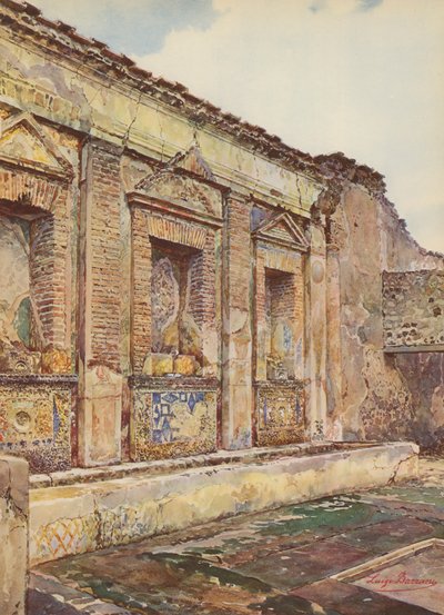 Pompeia: Casa da Fonte Pequena, Fonte em mosaico (litografia a cores) de Luigi Bazzani